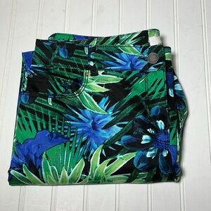 Chico's Size 2 Tropical Hawaiian Pants Black Blue Green Beach Resort Ankle 14